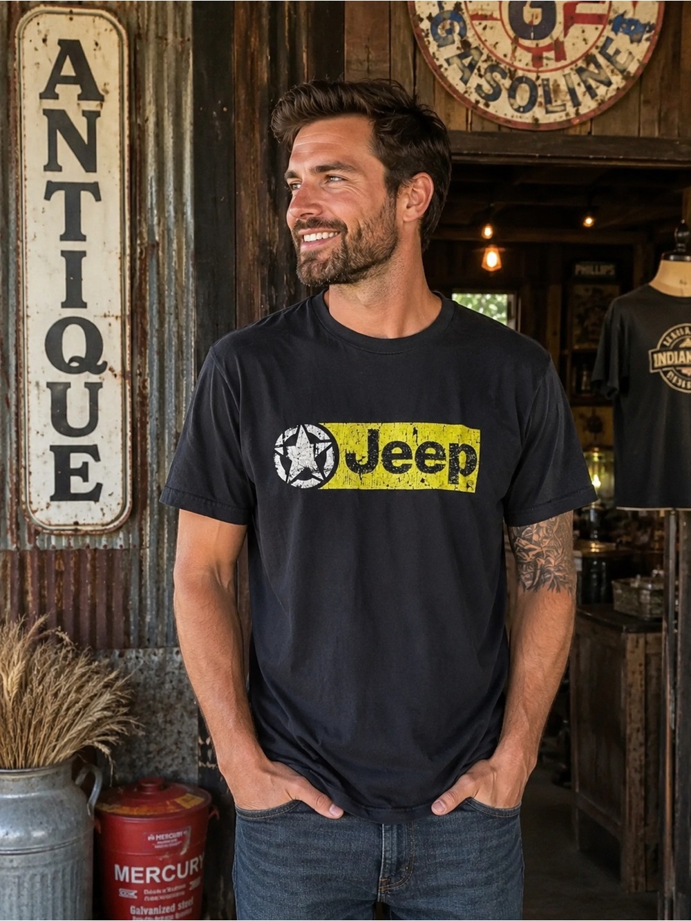 🔥 Jeep Distressed Logo Graphic Tee XL Black Yellow Casual Streetwear Shirt 🔥